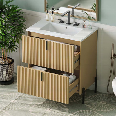 Meuble-lavabo de 30 pouces avec lavabo, tiroirs pleine extension, glissières à fermeture en douceur et conception cannelée