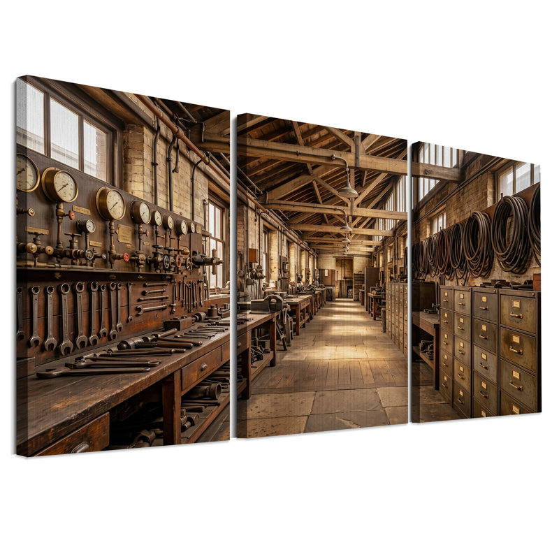 Atelier industriel avec manomètres en laiton et poutres en bois - Ensemble de 3 toiles murales, H 18 po x l 12 po x 3 pièces