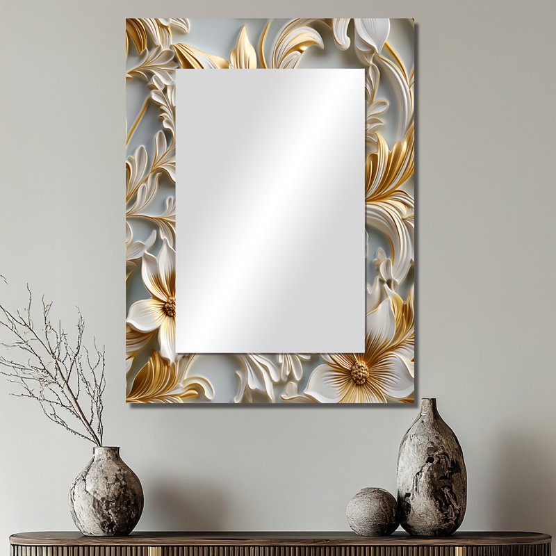 Keerthika Gold And White  Royal Flower Garden Serenity - marble  Mirror, Modern Unique Wall Mirror, Printed Metal Art