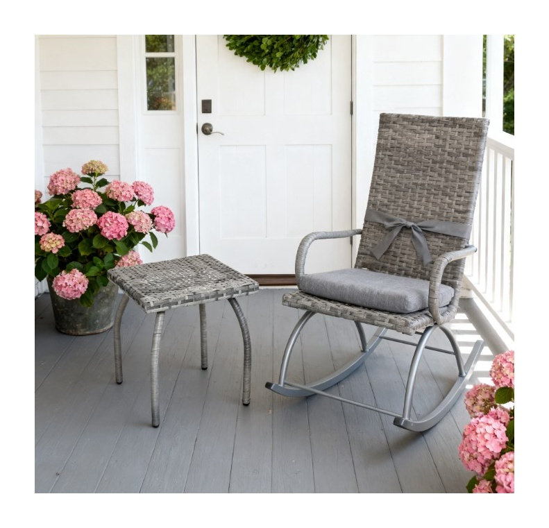 Table de bout d'extérieur en rotin PE gris avec structure en fer et finition résistante aux intempéries
