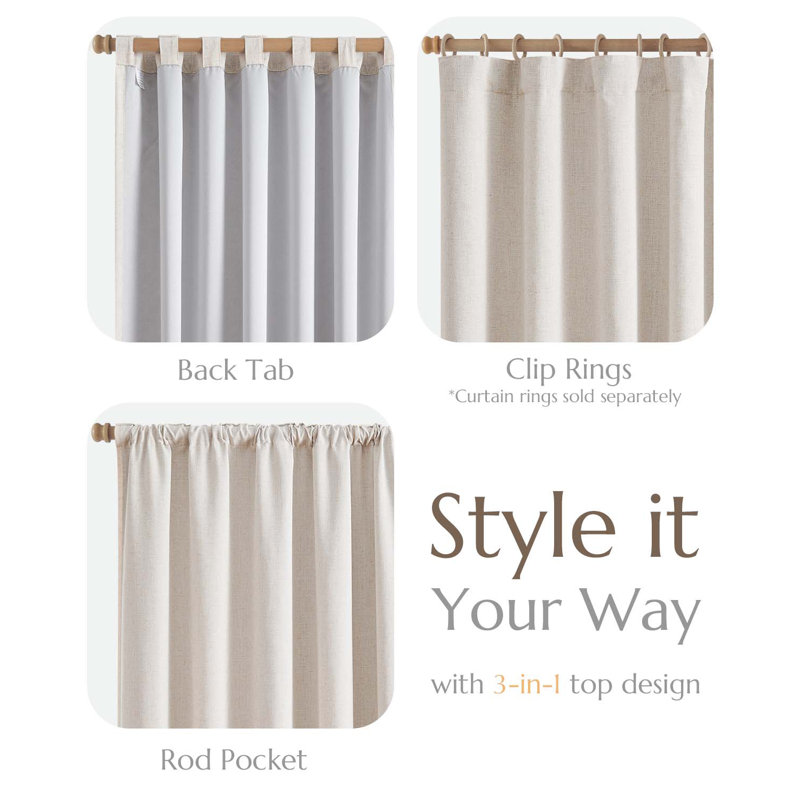 Rideaux en lin de couleur unie avec passe-tringle, L 50 po x L 63 po, Beige