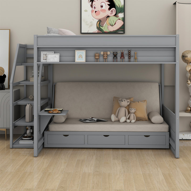 Lit superposé double avec tiroirs Jazariya Kids, Gris