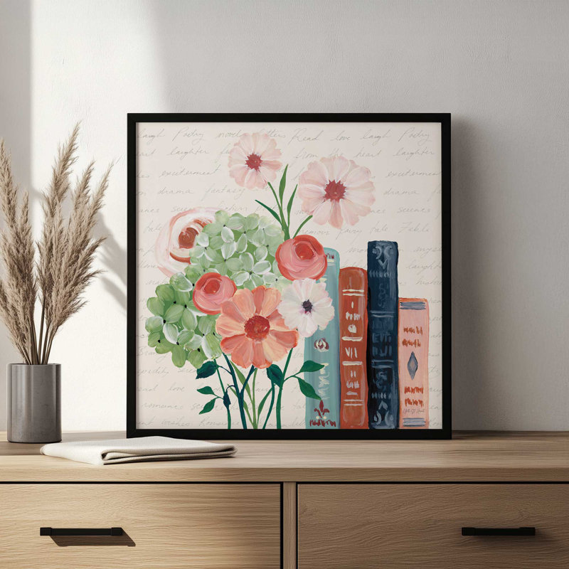 «Books and Blooms I» par Yvette St. Amant, reproduction d'art, H 20 po x l 20 po, Noir