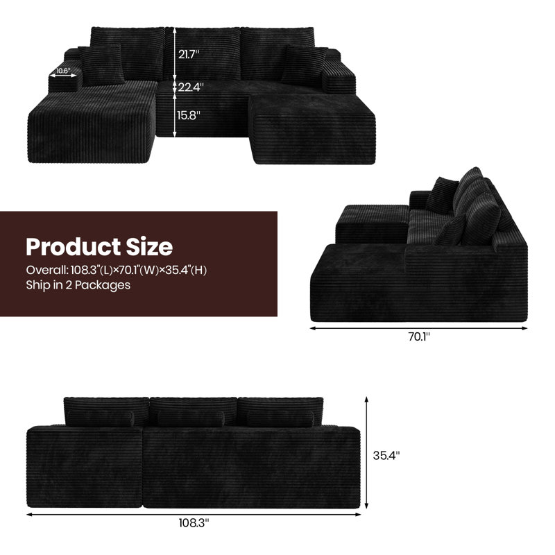 Boneless 108" Modular Sectional Couch with Ottoman, Boneless U-Shaped Sofa for Living Room, Apartment, No Assembly Required