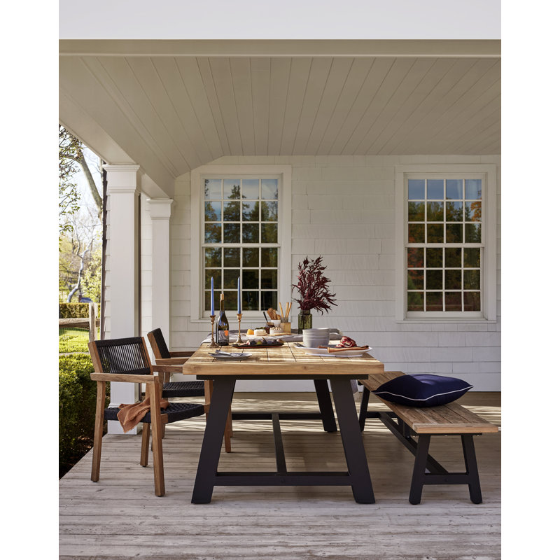 Morones Rectangular Outdoor Bench in Solid Reclaimed Teak with Picnic Style Black Aluminum Legs