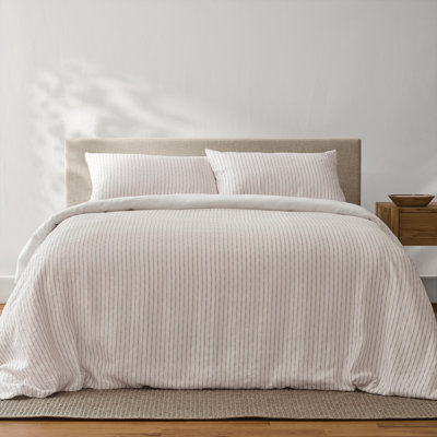 Linen/Cotton Duvet Cover Set - K/K - White/Clay Textured Stripe