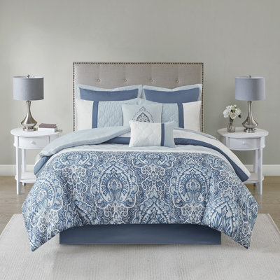 Ensemble d'édredon 8 pièces luxueux avec motif damassé bleu