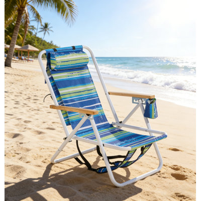 4-Position Recline Beach Chair, 23x21.7x31.5in Blue Green Striped, Steel Frame, Oxford Fabric, 265lbs Capacity