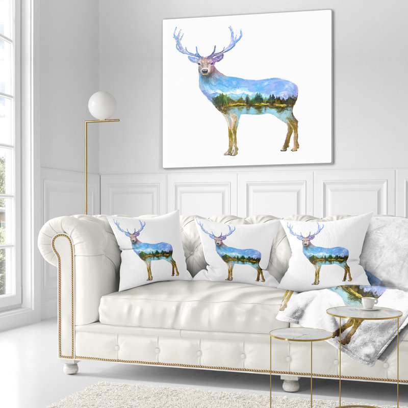Deer Double Exposure - Coussin imprimé animal, 18 po x 18 po, Coussin décoratif