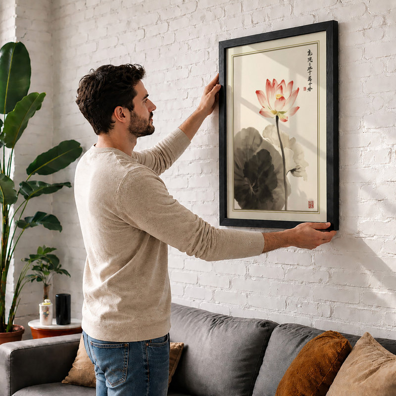 Lotus in Bloom Japandi - Framed Print, A4 - 29.7 x 21.0 cm, White