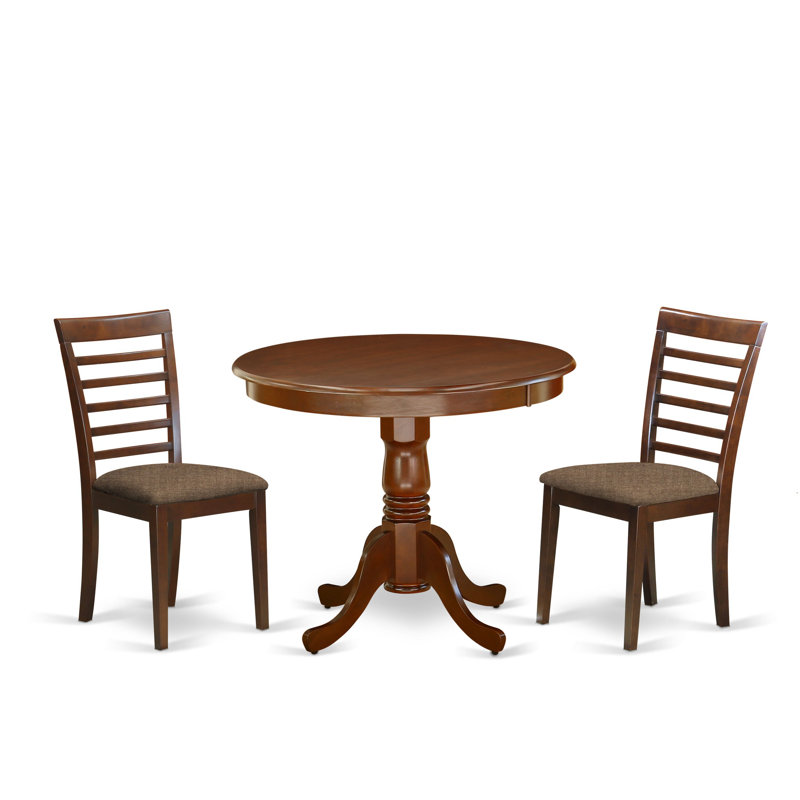 3 Piece Dining Table Set for Small Spaces Contains a Round Kitchen Table with Pedestal and 2 Linen Fabric Kitchen Dining Chairs, 36x36 Inch, Mahogany