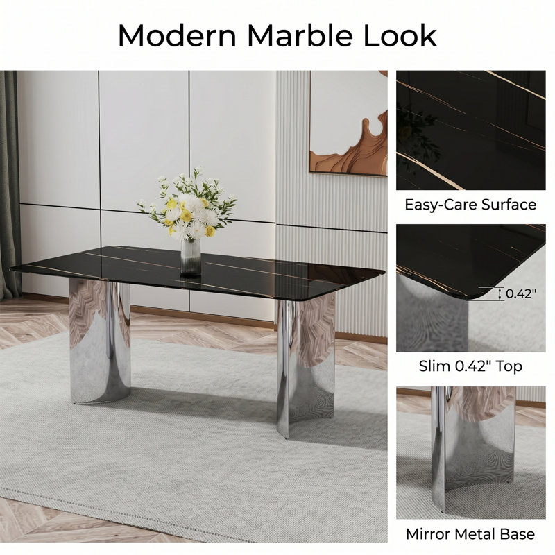 Maghan Metal Base Dining Table, Black, 39.32" W x 71.01" L, Silver