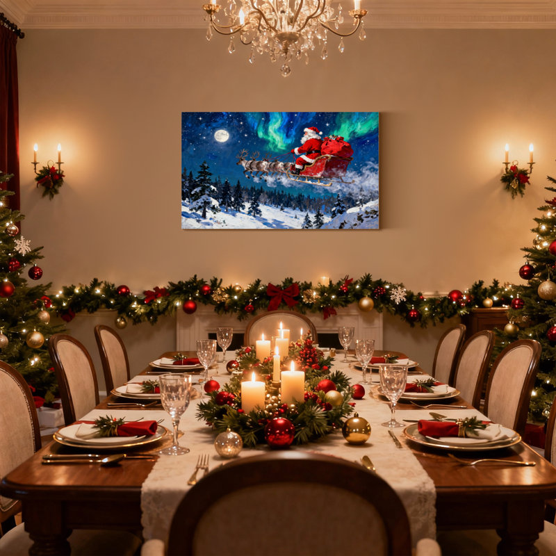 Noël, père Noël, traîneau, rennes, aurores boréales, lune, forêt enneigée, ensemble de 3 impressions sur toile