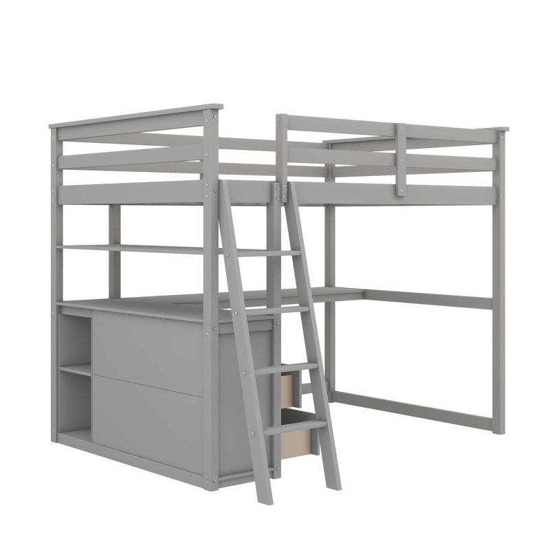 Lit mezzanine double avec tablettes de bureau intégrées et 2 tiroirs intégrés, Gris