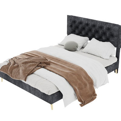 Queen Size Bed With Gray Velvet Upholstery And A Magically Headboard. An Enchanted Bedroom Furniture Upholstered Bed, Size, Stunningly Suits Different Layouts