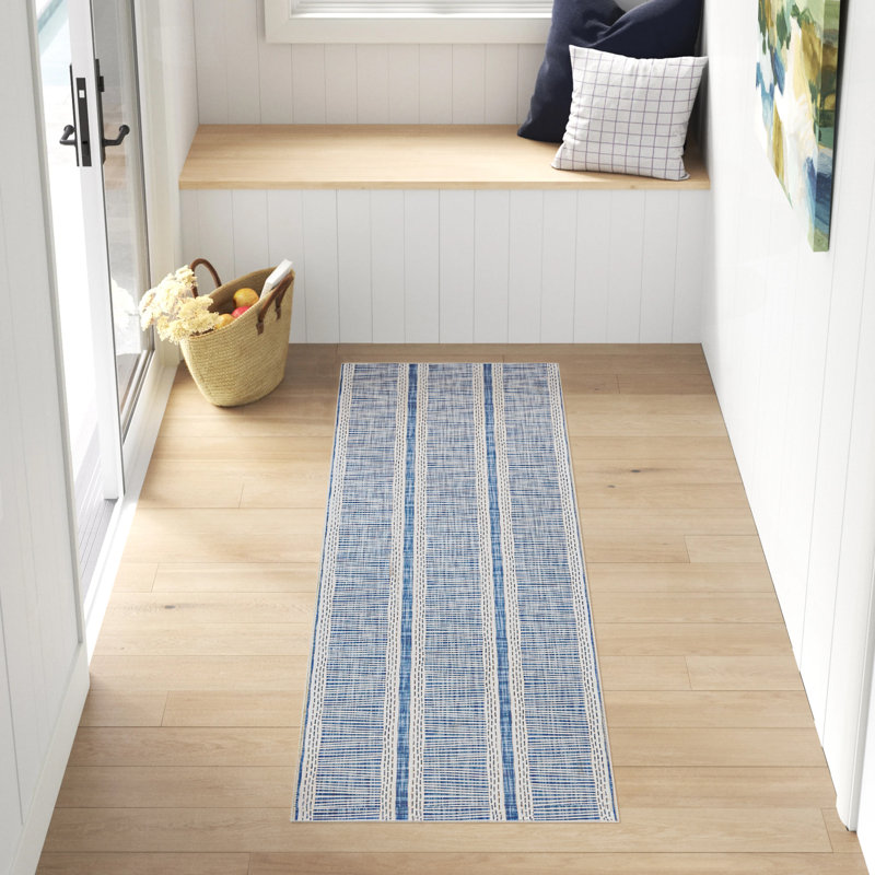 Joris Machine Washable Ivory and Blue Area Rug, Runner 2' x 8'