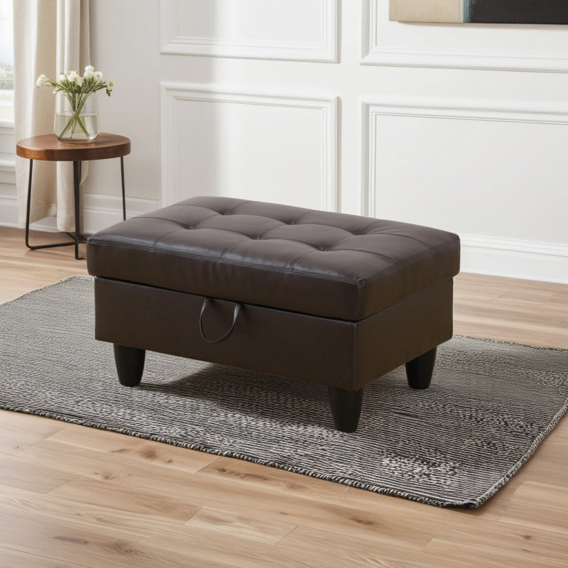 Faux Leather Ottoman, Black, Brown Faux Leather