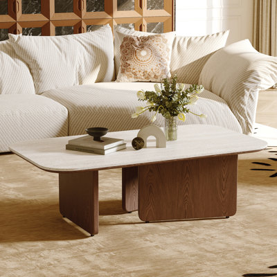Mid Century 51.18" Coffee Table, Beige Sintered Stone Table Top, 3 Solid Wood Legs, Brown