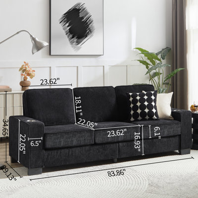 Modern Sofa83.86"Corduroy Fabric Sofa, Compressed Couch,3-Seater Sofa, Furniture  ,,Office ,Black
