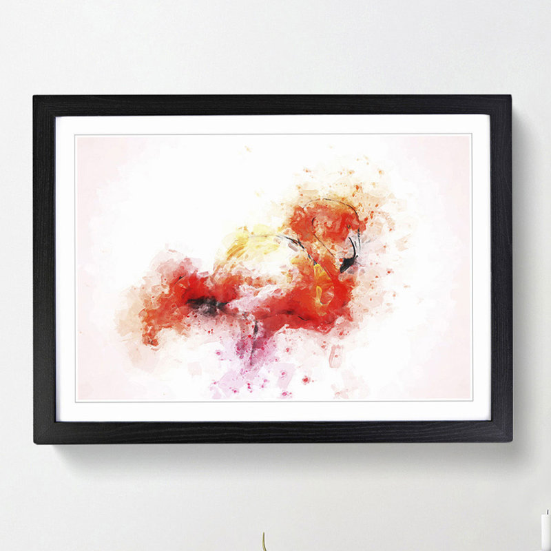 Lone Pink Flamingo in Abstract - Picture Frame Painting Print, 27cm H x 36cm W x 2cm D, Black Framed