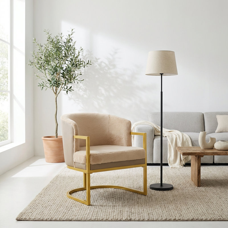 Fauteuil contemporain en peluche avec dossier ergonomique et structure en métal, Beige