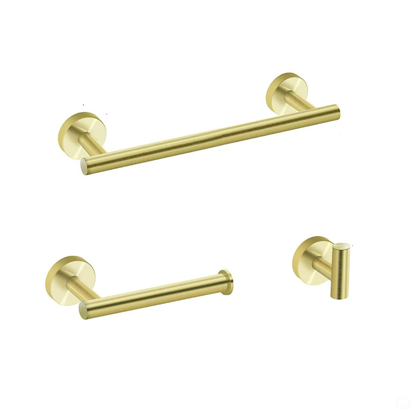 3-Pieces Bathroom Hardware Accessories Set - Towel Bar, Toilet Paper Holder, Robe Towel Hooks, Brushed Gold
