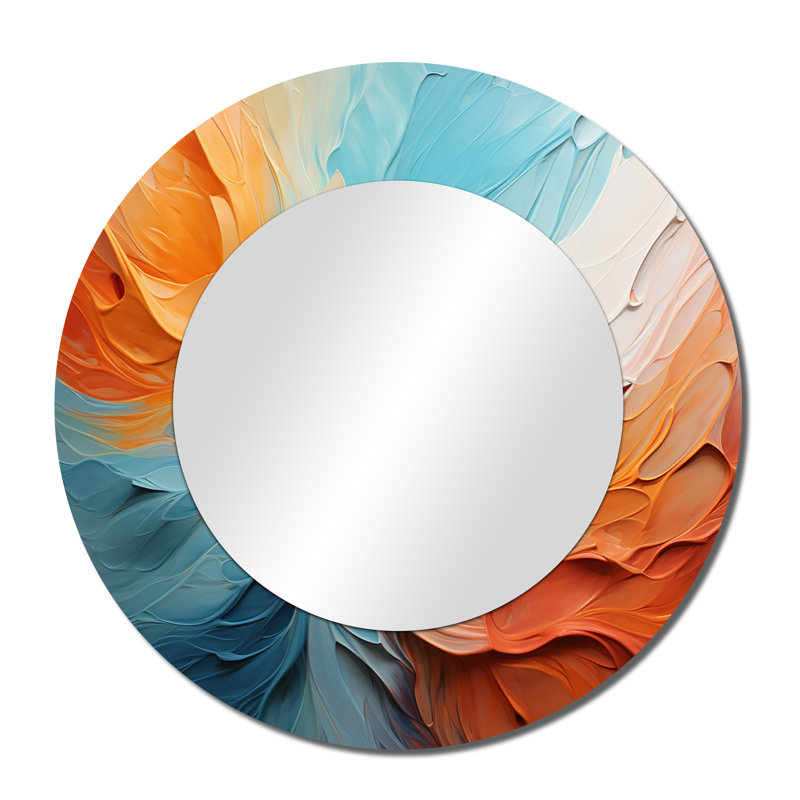 Teal Orange Bold Abstract Flow Collage I - Dams Decorative Wall Mirror, Modern Round Mirror, Printed Metal Art, 36" x 36"