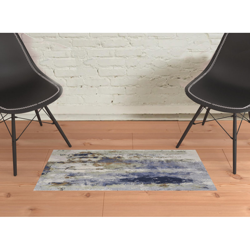 Tapis tissé à la machine 2 pi x 3 pi bleu, orange et ivoire, Rectangle 2'11" x 1'10"