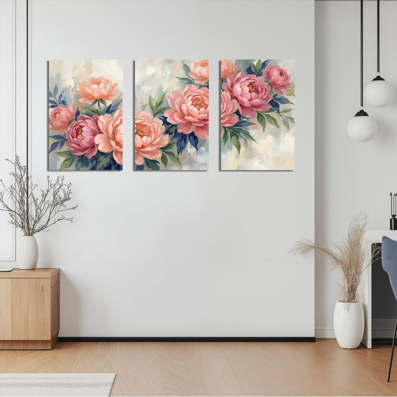 Ensemble de 3 tableaux muraux sur toile tendue représentant des pivoines, pour la décoration du salon et de la chambre.