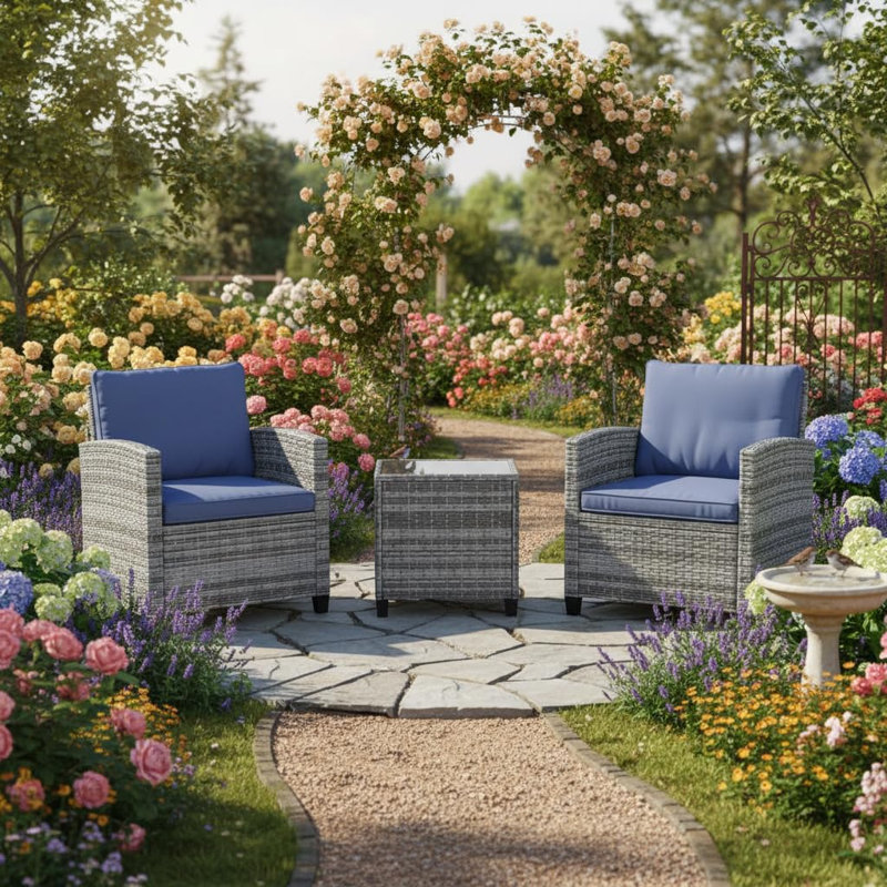 Ensemble de patio extérieur en rotin 3 pièces avec table en verre trempé et coussins épais, Gris + bleu