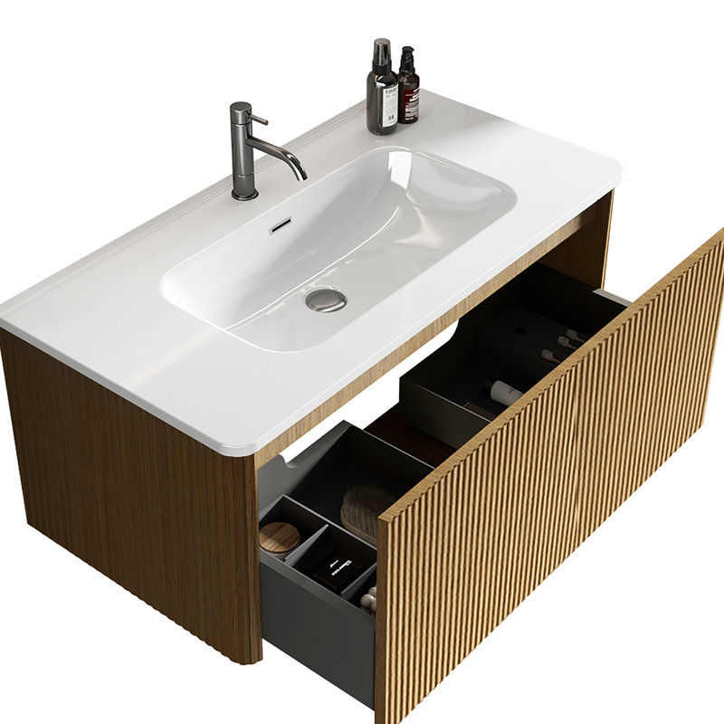 Meuble-lavabo flottant en chêne naturel de 36 po, fixé au mur, lavabo intégré blanc, quincaillerie, stratification en film, chêne en forme de U moderne, rebords courbés en céramique, conception en forme de drainage