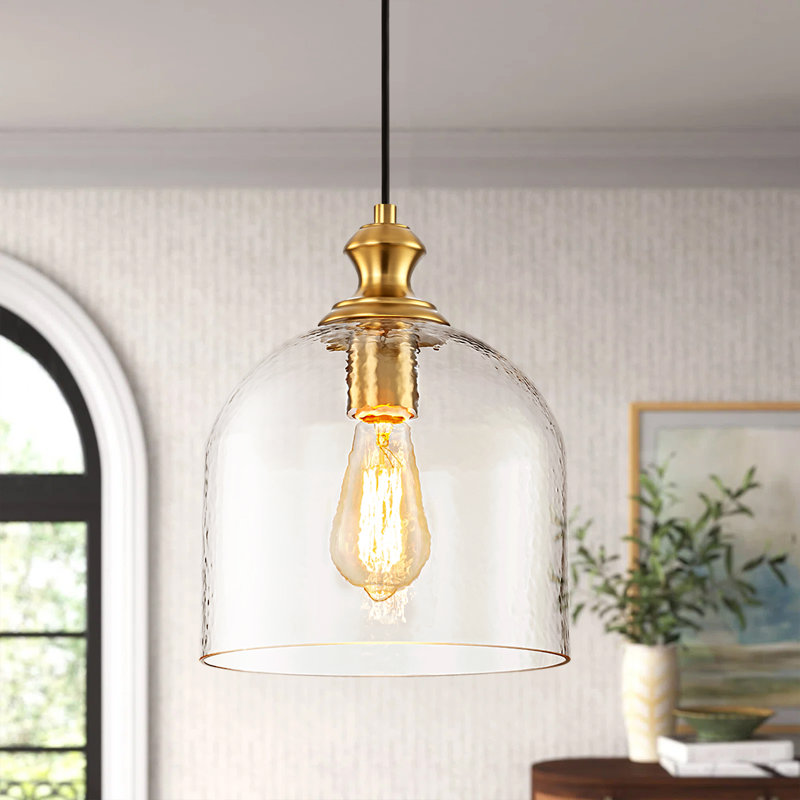 Lightrix 1-Light Single Hammered Clear Glass Bell Pendant, Brushed Gold