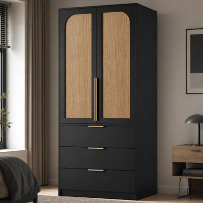 Grande armoire en rotin avec 3 tiroirs et tringle à vêtements amovible pour la chambre à coucher, 31,5 po x 19,7 po x 69,5 po