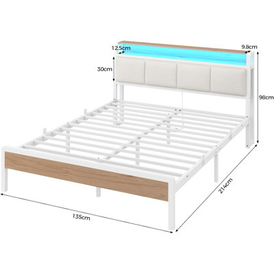Double Bed Frame 135 cm with LED Light, Noise Free, No Box Spring Required, Easy Assembly
