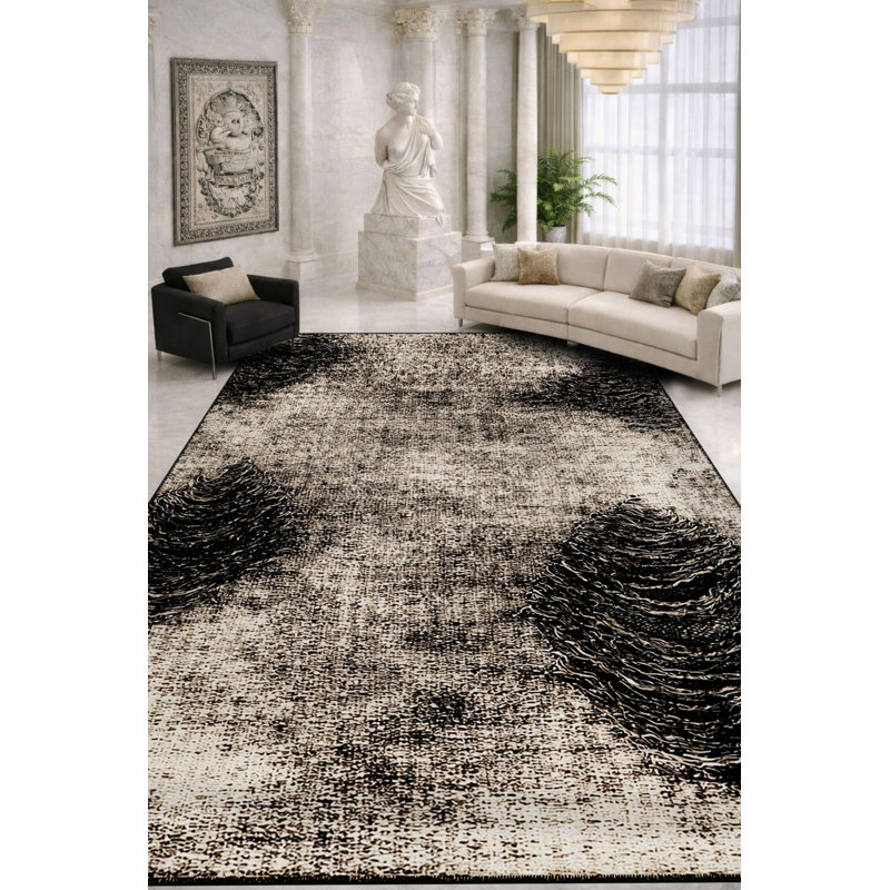 Tapis noir tissé à motif lavable traditionnel Mosso, 2'6" x 4'11"