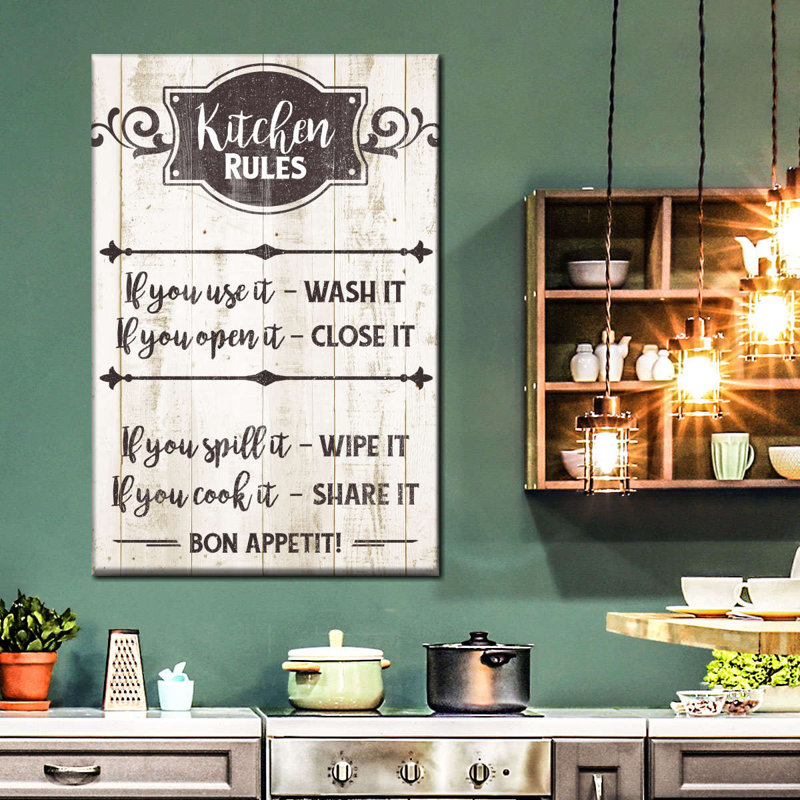 "Kitchen Rules", art textuel sur toile tendue, H 48 po x l 32 po x P 1,25 po