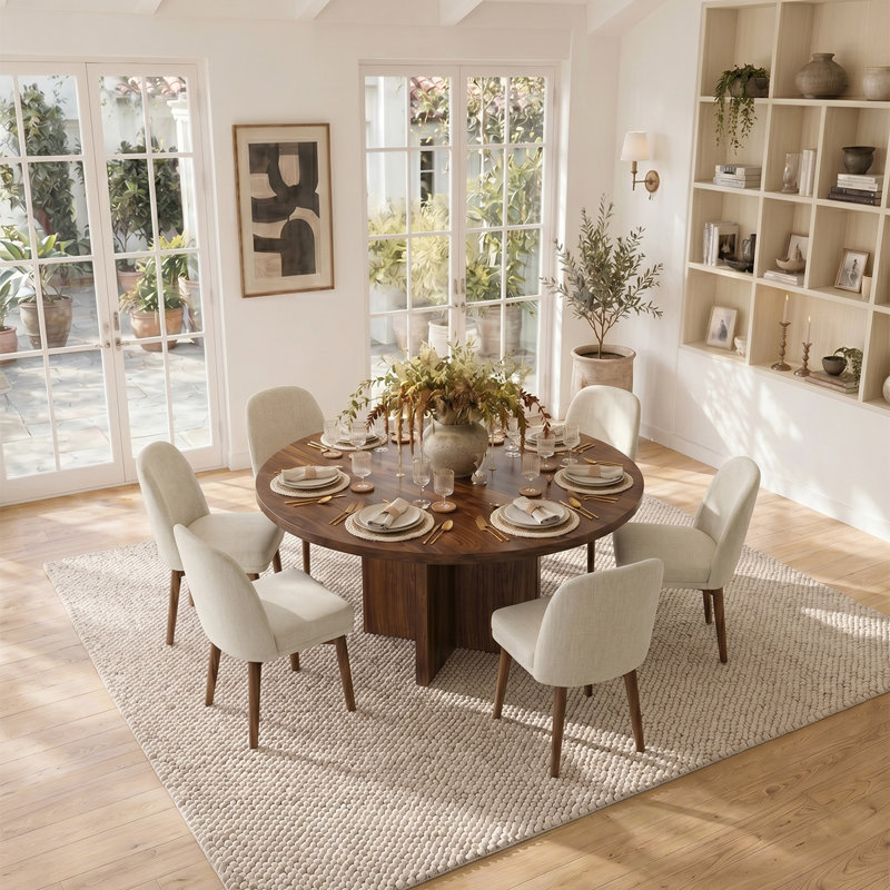 Ensemble de salle à manger rond en noyer de 60 pouces avec 6 chaises rembourrées, Beige