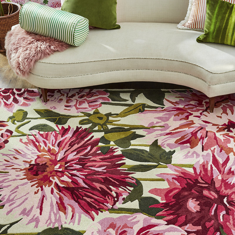 Dahlia Hand Tufted Wool Floral Area Rug in Pink/Green, Rectangle 5'7" x 7'10"