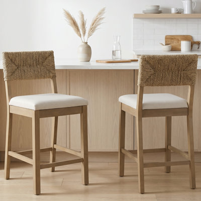 21" Wide Handwoven Seagrass Back Counter Stool Upholstered Seat Solid Wood Frame