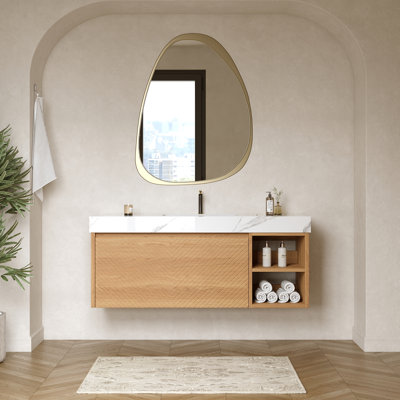 Armoire de salle de bain moderne 48 po avec tiroirs, meubles-lavabos en pierre et bois massif
