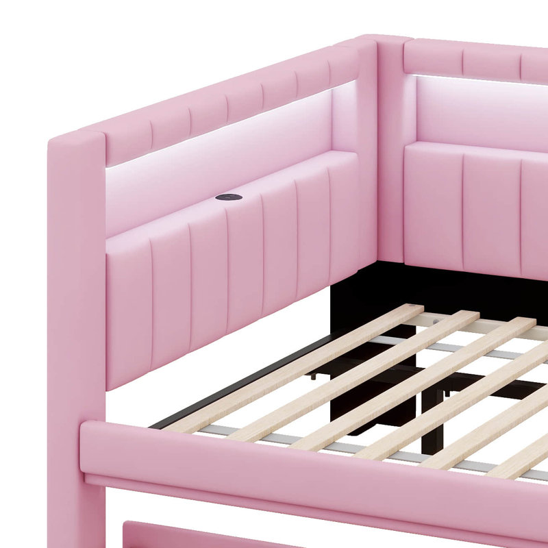 Platform Bed With USB Ports And LED Belt, Upholstered Bed Frame With Trundle, No Box Spring Needed, Full/Double, Pink