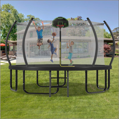 Trampoline 14FT avec panier de basketball pour enfants et adultes, trampoline extérieur rond avec filet d'enclos et poteaux courbés et échelle