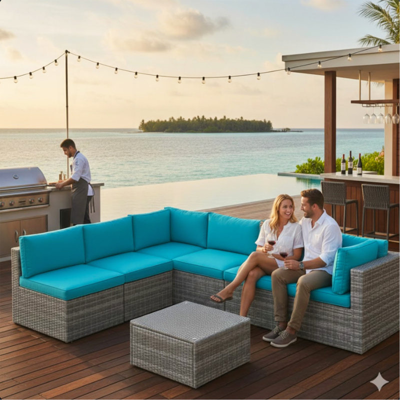 Ensemble de patio 7 pièces en osier gris avec coussins amovibles bleu clair et table basse en verre pour l'extérieur, la piscine et la cour