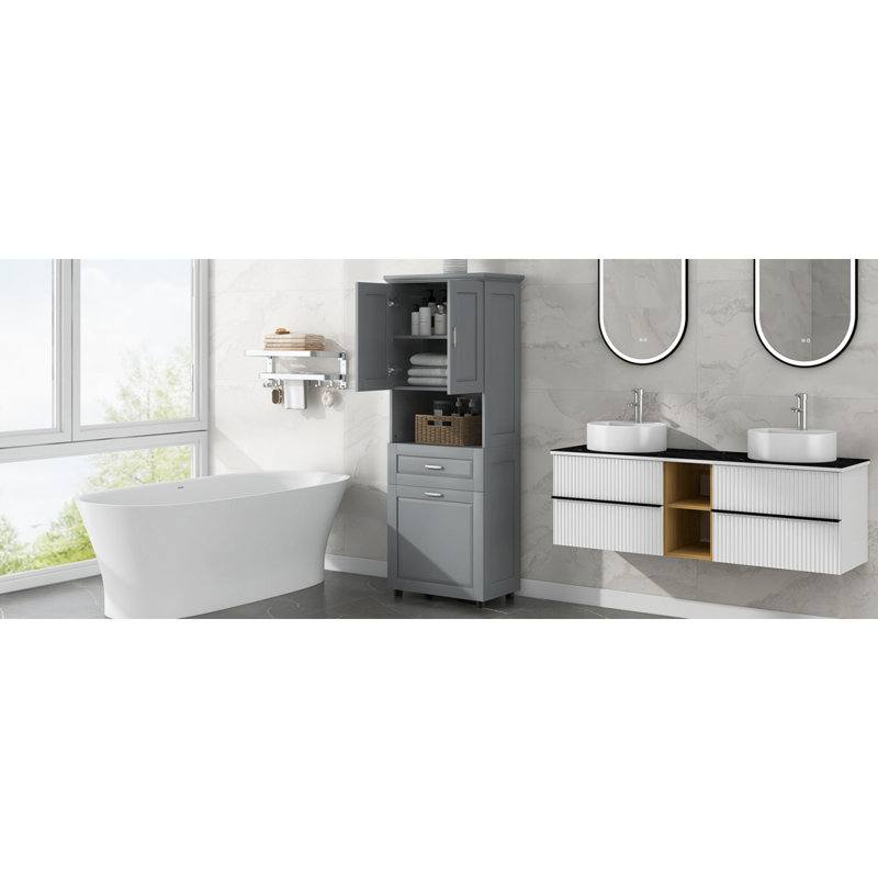 Grande armoire de salle de bain avec panier à linge et tiroir, armoire de rangement de salle de bain pour la maison, Gris