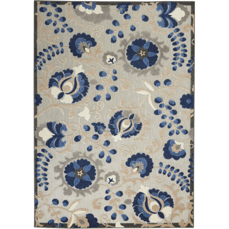 Ciann Floral Blue/Gray Indoor/Outdoor Area Rug, Rectangle 5'3" x 7'5"
