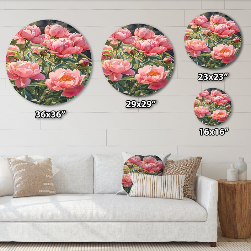 Kapone - reproduction d'art traditionnelle rose en métal, pivoines rondes, art mural en métal, H 16 po x l 16 po