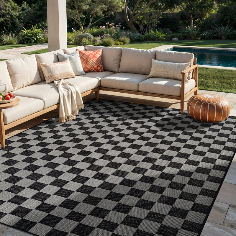 Checkered Black/Ivory Easy-Care Jute-Style Indoor/Outdoor Flat Woven Area Rug, Black, Rectangle 5' x 7'