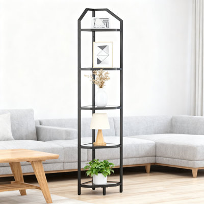 5-Tier Corner Shelf With Tempered Glass, Modern Metal Frame Storage Organizer For Living Room, Bathroom, Kitchen, Space Saving Design