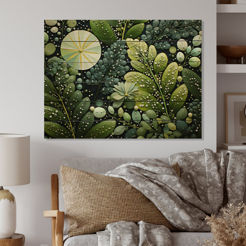 Latris clair vert fougère plante fantaisiste spirales III sur bois, H 24 po x l 32 po x P 0,78 po