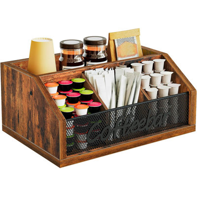 Coffee Pod Organizer, Wooden Coffee Bar Organizer For Countertop, Versatile Pod Holder With Dividers, Holds Syrup, Cups, Tea Bags, Easy Assembly, Rustic Brown